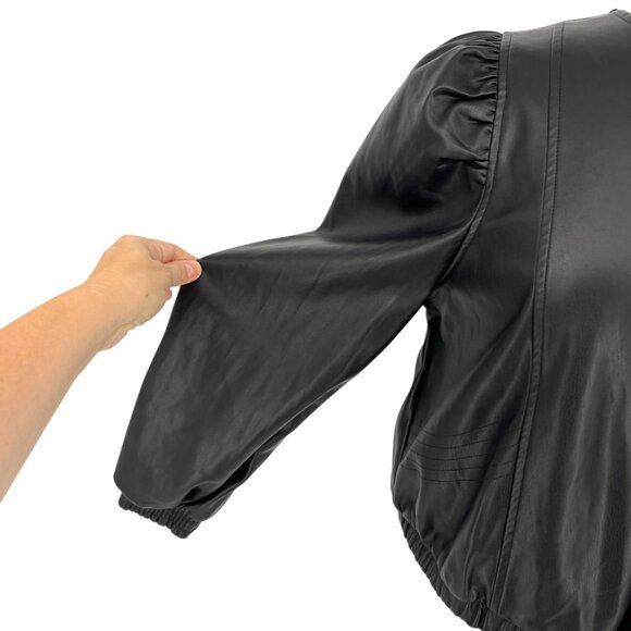 Zara Womens Black Faux Leather Long Puff Sleeve Drawstring Top Size Large - Picture 3 of 10